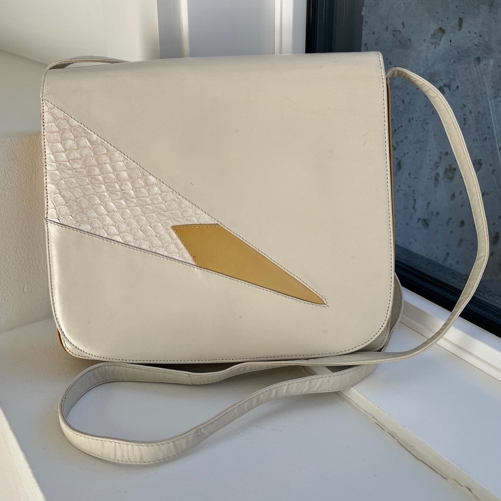 VINTAGE BALLY Leather Foldover Structured Cross Body Bag Geometric Snakeskin